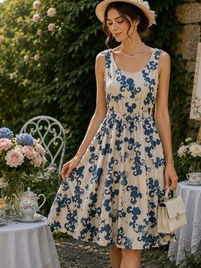 Linen Cotton Belted A Line Dress Blue Ivory Quiet Luxury Resort garden party M